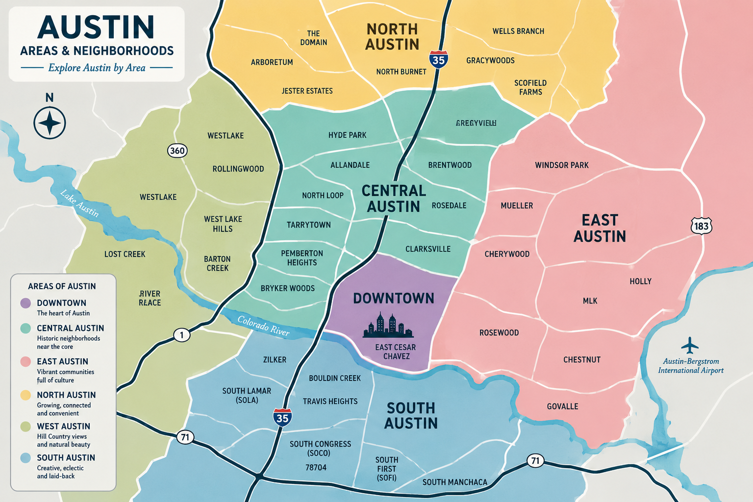 Map of Austin areas and neighborhoods: Downtown, Central, East, North, South, and West Austin